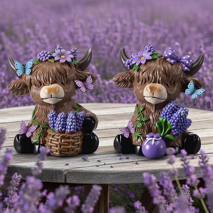 Wesiti 2 Pcs Mother's Day Lavender Highland Cow Figurines Gifts for Mom, Purple Scottish Gnome Resin Statue for Spring Summer Home Garden Kitchen Office Tiered Tray Decor