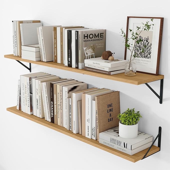 Vivelove 8 Inch Deep Floating Shelves for Wall, 48W x 8D Wood Wall Shelves Set of 2, Rustic Oak Wide Floating Bookshelf for Living Room, Kitchen, Office, Bedroom, with Black Metal Bracke - Oak