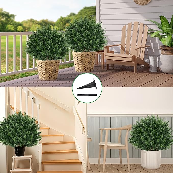 Grooy Artificial Cypress Topiary Tree with Ground Spike, Set of 4 Artificial Shrub Bushes, Fake Evergreen Tree for Porch, Artificial Plants for Outdoor Planters Indoor UV Resistant