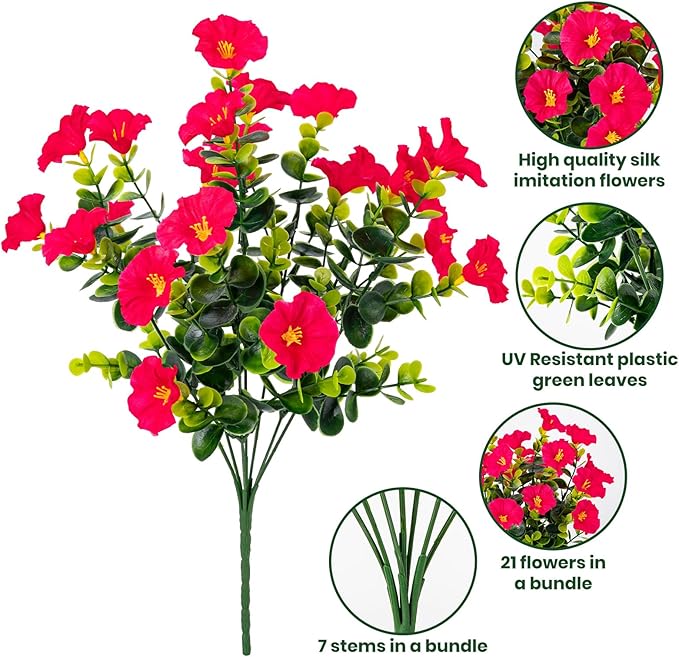 Nigirior Artificial Faux Flowers for Outdoor 16 Bundles Boxwood Fake Morning Glory for Planter,UV Resistant Fake Flowers for Home Porch Patio Outside（Rose Red）