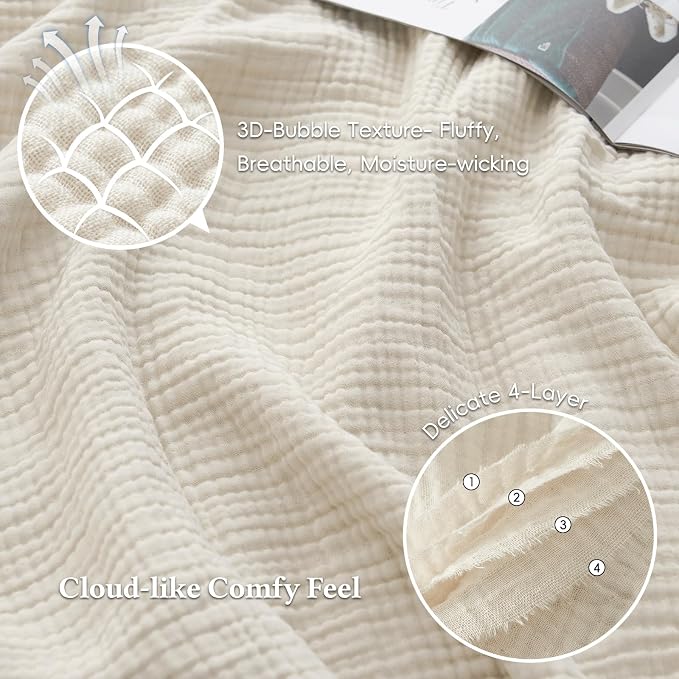 David's Home 100% Cotton Muslin Throw Blanket for College Dorm, 4-Layer Soft Breathable Lightweight Comfy Cozy Throw Guaze for Hot Sleepers, 3D Bubble Room Decor for Bed, Giftable, Brich, 50"x70"