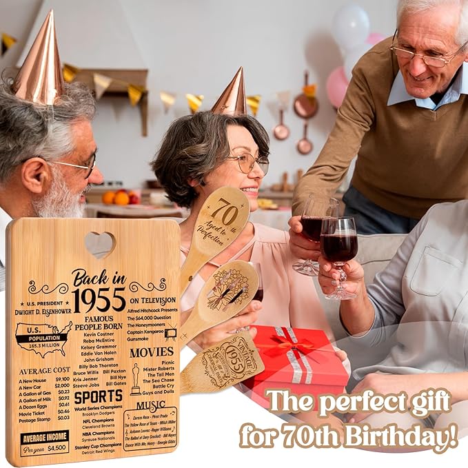 70th Birthday Gifts for Women - "Back in 1955" 70th Birthday Gifts for Men Cutting Board, Bamboo-Made Engraved "Year 1955 News" 70th Birthday Gifts