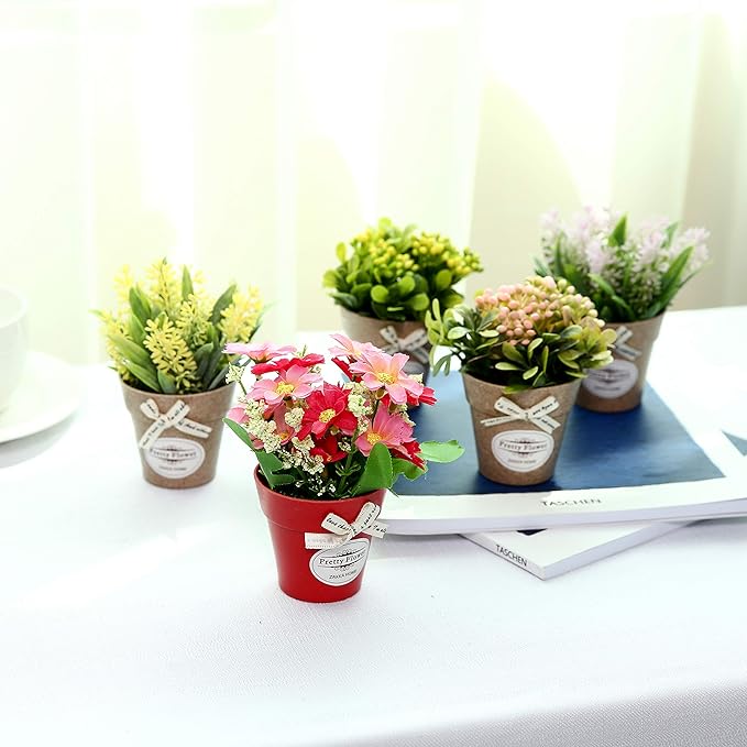 LUEUR Set of 6 Potted Artificial Flowers Fake Flowers with Vase Faux Flowers in Pot, Spring Decor for Home Office Floral Arrangement for Table Dinning Room Decoration Shelf Decor