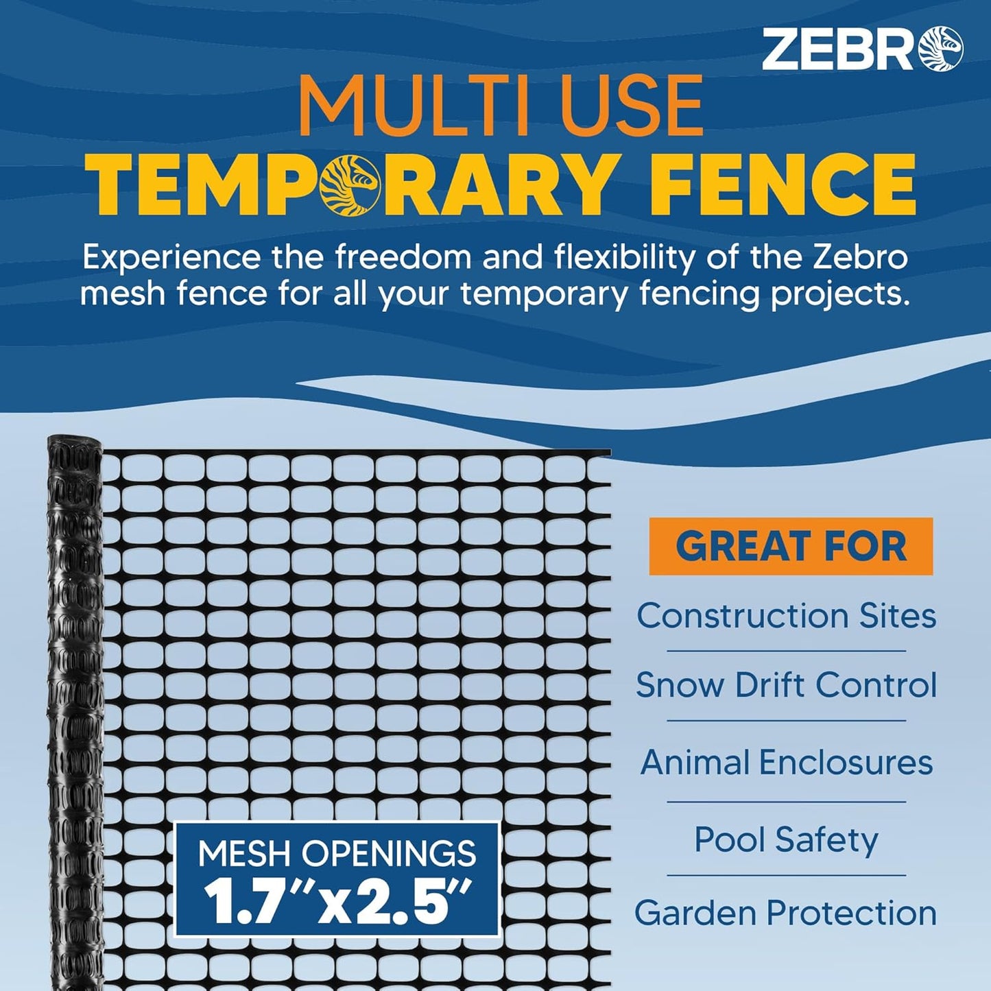 ZEBRO 4' x 50' Black Plastic Garden Fence Roll – Light Duty Mesh Fencing for Temporary Fence, Snow, Garden Netting, Animal Barrier, Agricultural Fencing & Lawn Protection