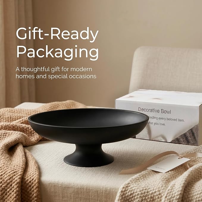 Black Concrete Fruit Bowl, Large Decorative Pedestal Bowl for Kitchen Counter, Modern Centerpiece Bowl for Coffee Table, Entryway Key Catch All Bowl, Black Home Decor