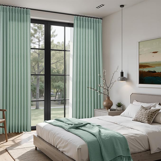 Aqua Green Pinch Pleated Linen Curtains 96 Inch Length 2 Panels for Living Room Bedroom Elegant Farmhouse Window Privacy Light Filtering Semi Sheer Back Tab Drapes with Hooks for Dining Room 40x96