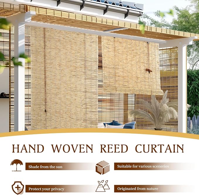 Reed Roller Blinds Shades, Vertical Lifting and Breathable Waterproof Design, Sun Shade and Ventilation, Easy Installation,30" Wx64 H