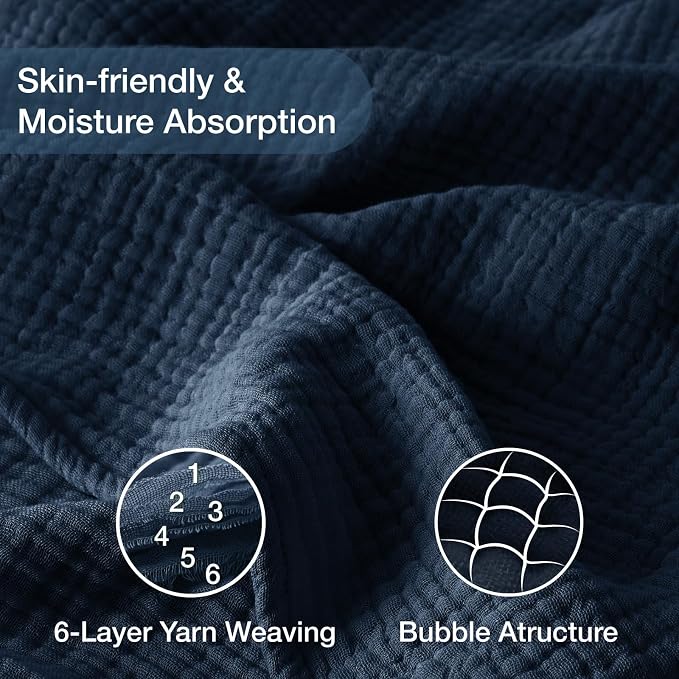 100% Cotton Muslin Blanket California King 120" x 90", 6 Layers Breathable and Lightweight Oversized Blankets for Bed, Soft Cooling Gauze Blanket for Adults All Season, Navy