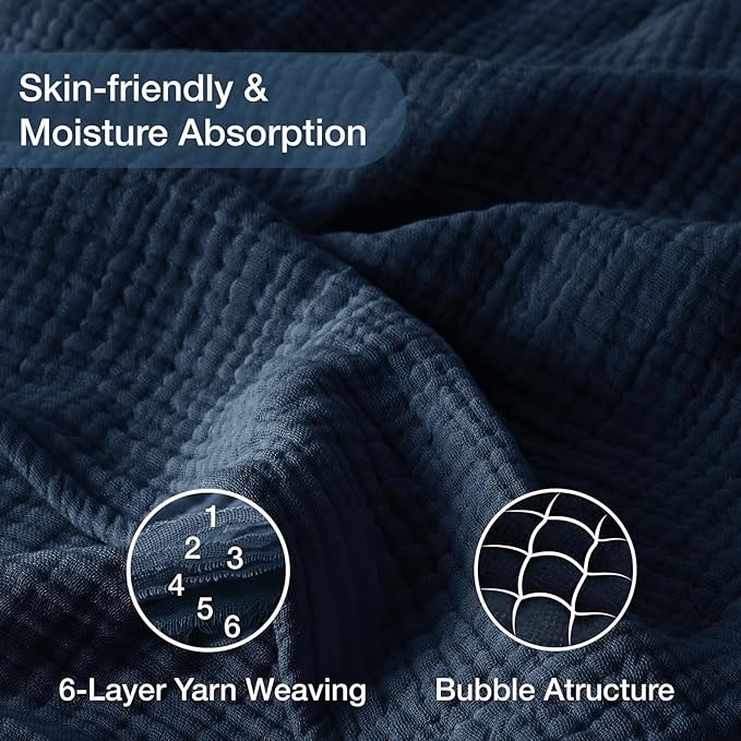 100% Cotton Muslin Blanket 50" x 60", Breathable and Lightweight Cotton Throw Blankets for Couch, Soft Cooling Summer Gauze Blanket for Adults All Season, Navy Blue