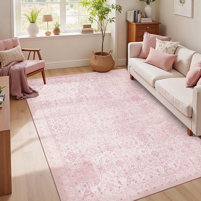 Rugxara 4x6 Rug for Living Room Bedroom, Pink Washable Throw Rugs, Vintage Retro Boho Area Rugs, Non Slip & Low Pile Accent Carpet for Indoor Nursery Room, Dining Room, Kids Girls Room