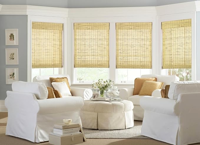 LazBlinds No Tools No Drill Cordless Bamboo Roman Shades, Custom Light Filtering Window Treatment, Roll Up Bamboo Blinds for Windows, Petite Rustique