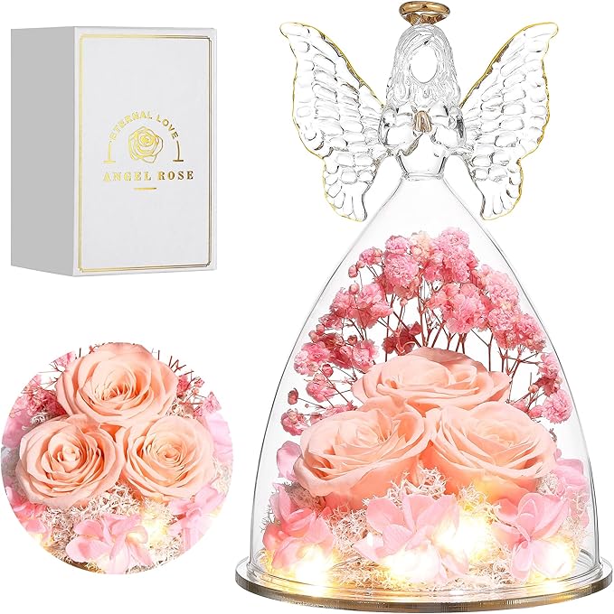 Mothers Day Rose Gifts for Women Preserved Real Flower in Glass Angel Figurines Roses for Delivery Prime Birthday Gifts for Mom Grandma Girlfriend Wife Her, Champagne