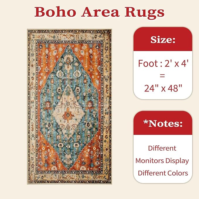 SERISSA 2x4 Boho Rugs for Entryway, Washable Non-Slip Kitchen Runner Rug, Ultra Soft Small Area Rug Vintage Tribal Low-Pile Door Mat Indoor Entrance Carpet for Bedroom Hallway Laundry Room Bathroom