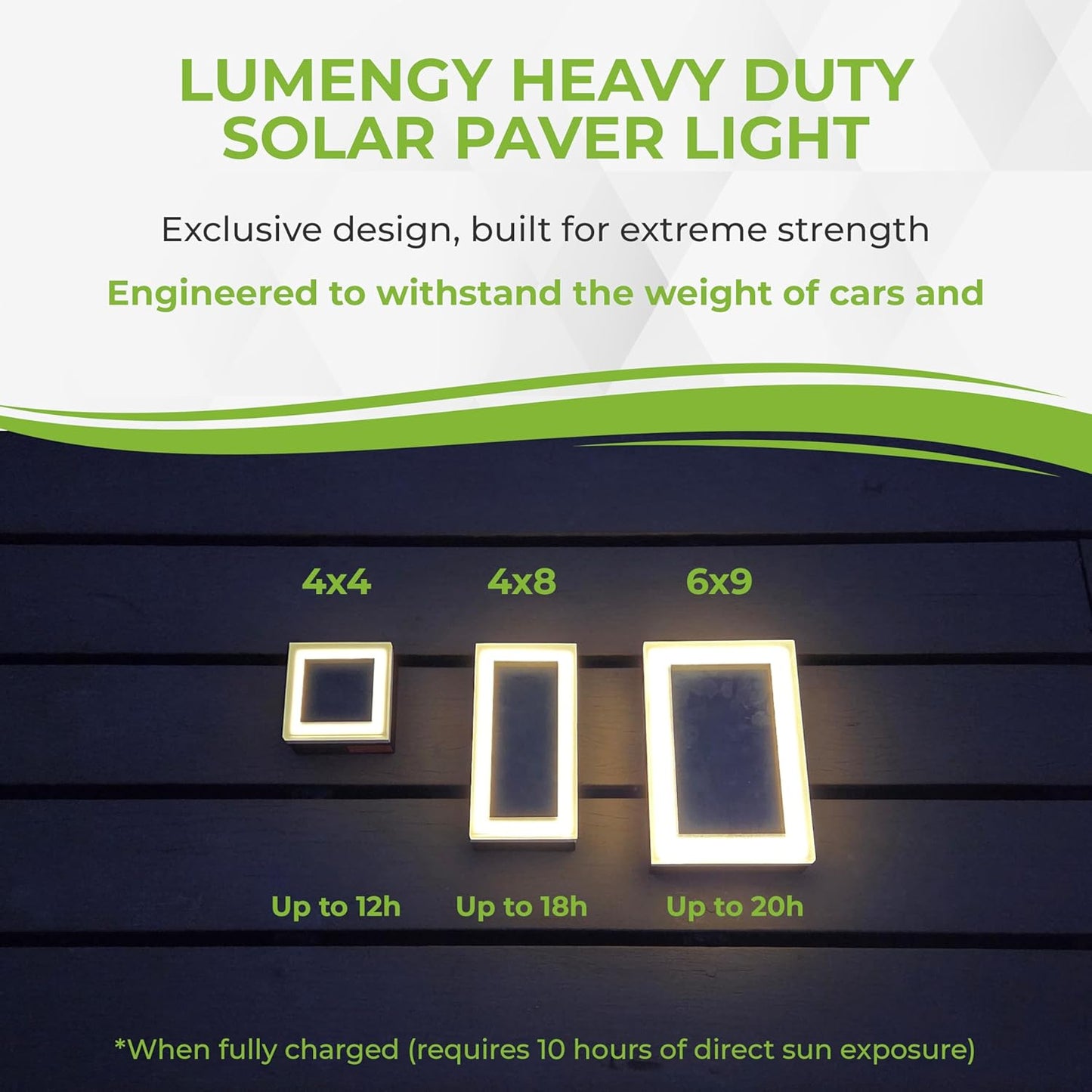 LUMENGY Solar Paver Light 6×9 inch, 5000K, Up to 20 Hours Continuous Lighting, Stainless Steel, Thick Glass, Glare-Free Illumination for Driveways, Pathways & Garden, Waterproof & Drive-Over Rated