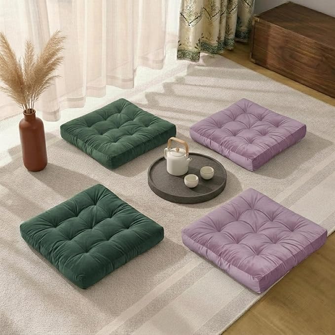 Floor Pillows for Adults Set of 2, Soft Velvet Floor Cushions for Sitting, Square Tufted Floor Pillow Set for Reading Nook, Living Room, Bedroom, 22 x 22 Inch, Lavender