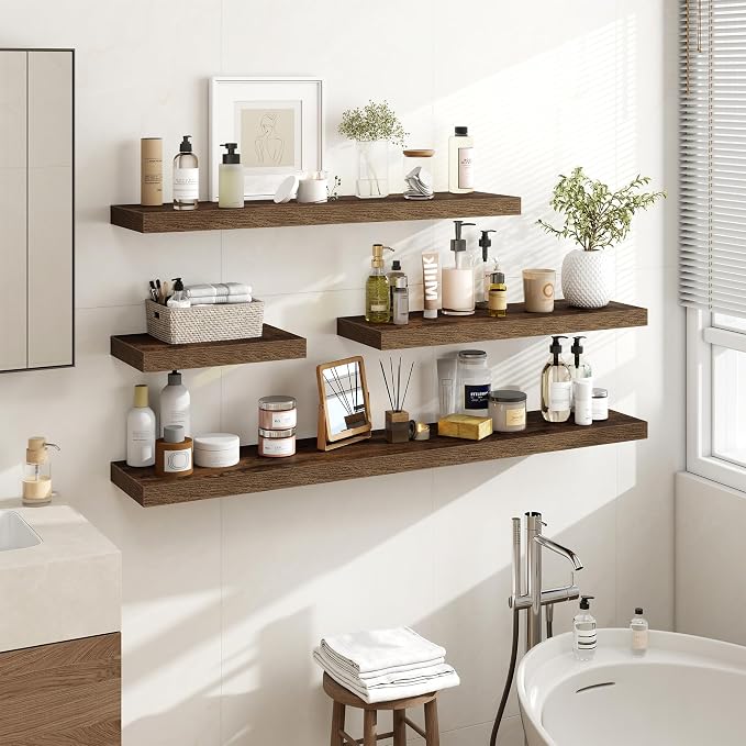 Acovy 36 Inch Floating Shelves, 36"x9.25"x1.5" Inch Deep Floating Shelves for Wall, Wooden Shelves for Bathroom, Bedroom, Living Room, Brown, 2 Pieces