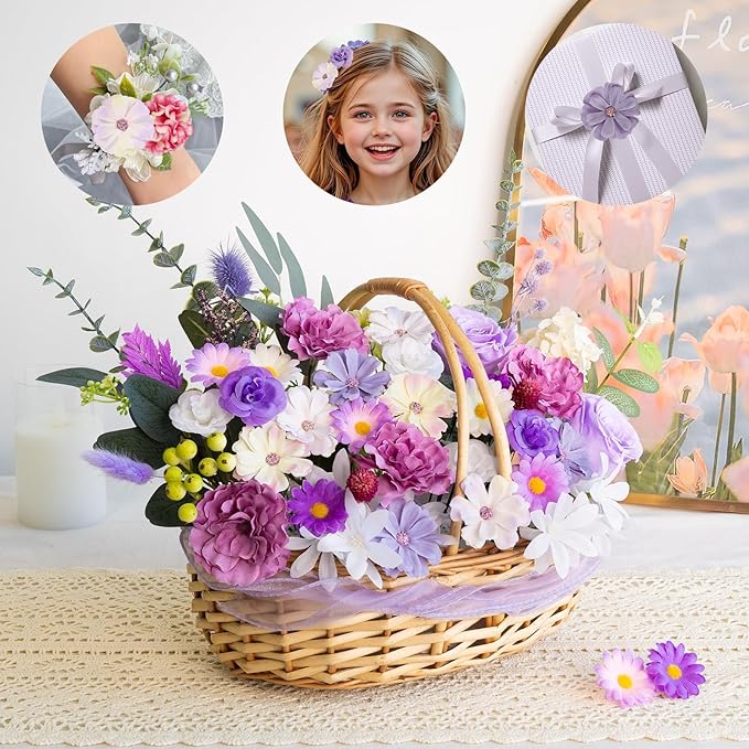 ATTGREAT 310 Pcs Fake Flower Heads Mini Artificial Flower Bulk Silk Flowers for Decoration Small Faux Flower Heads Fabric Daisy Buds Floral for Crafts DIY Wedding Party Baby Shower Home Decor, Purple