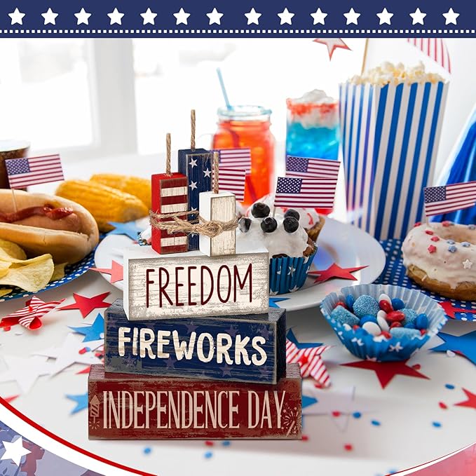 CroBlissful 4 Pcs 4th of July Decorations Patriotic Memorial Day Tabletop Decorations Red White Blue Table Centerpieces Sign for Office Tiered Tray Home Shelf 250th Anniversary(Patriotic)