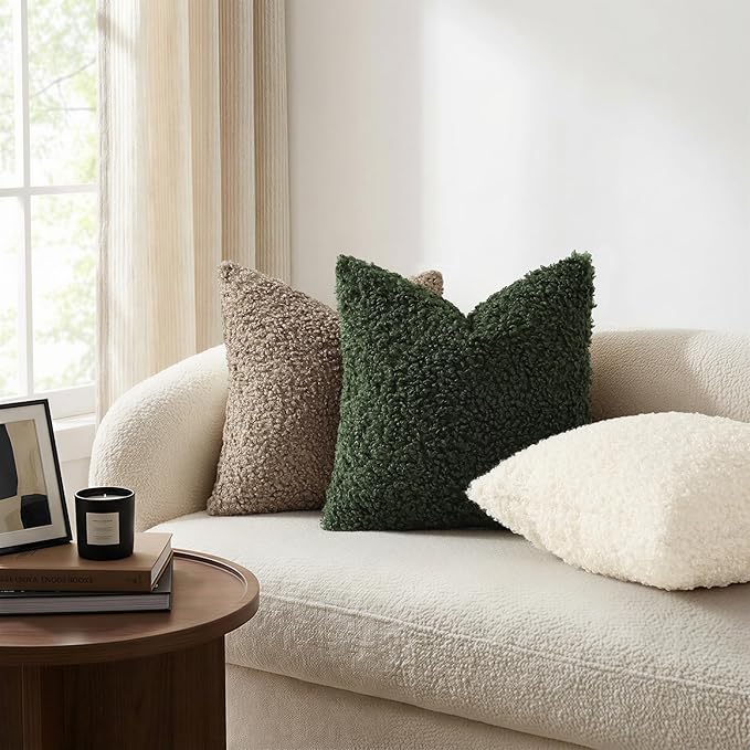 decorUhome Pack of 2 Throw Pillow Covers 22x22 Inch, Faux Fur Decorative Sherpa Pillow Covers Fuzzy Accent Soft Sheepskin Fleece Pillow Cases for Couch Living Room Bed, Olive Green