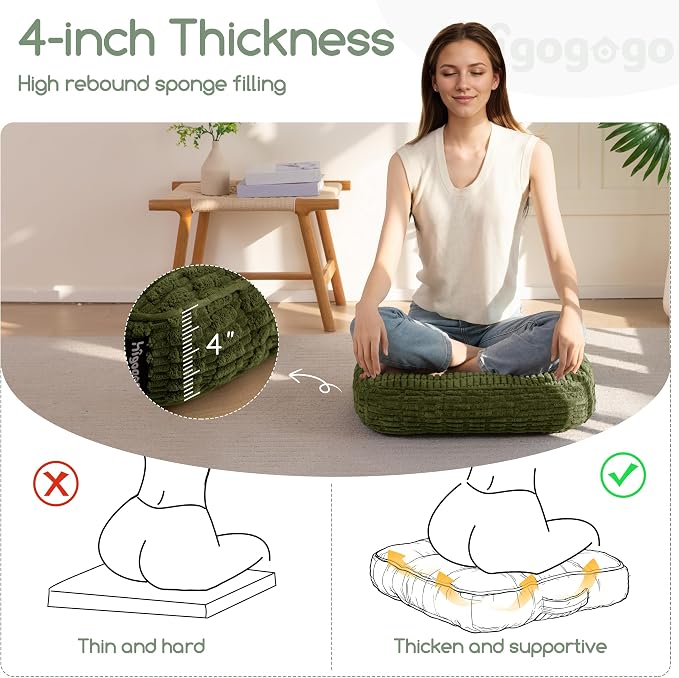 HIGOGOGO Floor Pillow Cushion for Adults, Meditation Cushion Pillow, Blended Corduroy Cover, Large Square Floor Sitting for Tatami Living Room or Yoga, 2Pack, Dark Green