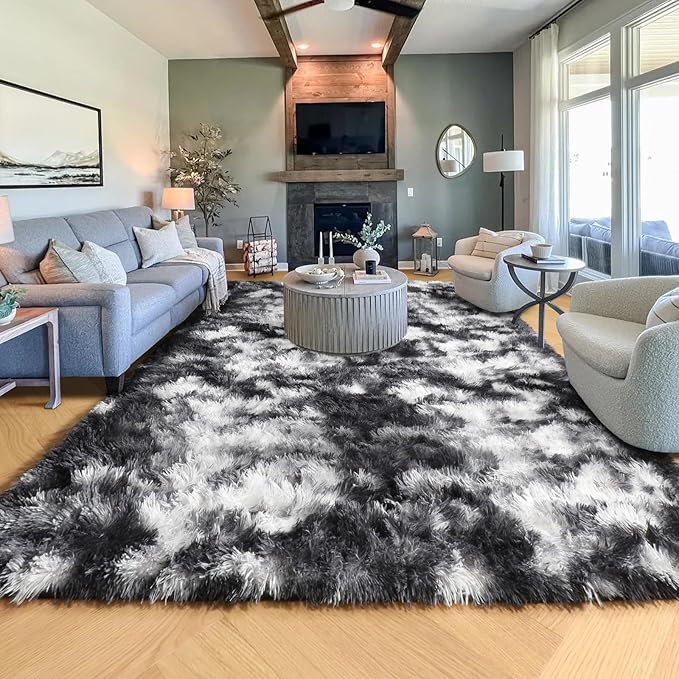 PAGISOFE Black White Rugs for Living Room 6x9, Shag Fuzzy Fluffy Rugs for Bedroom Kids Room Playroom Dorm Shaggy Soft Carpet for Home Decor Aesthetic Plush Bedside Rug Modern Grey Rug