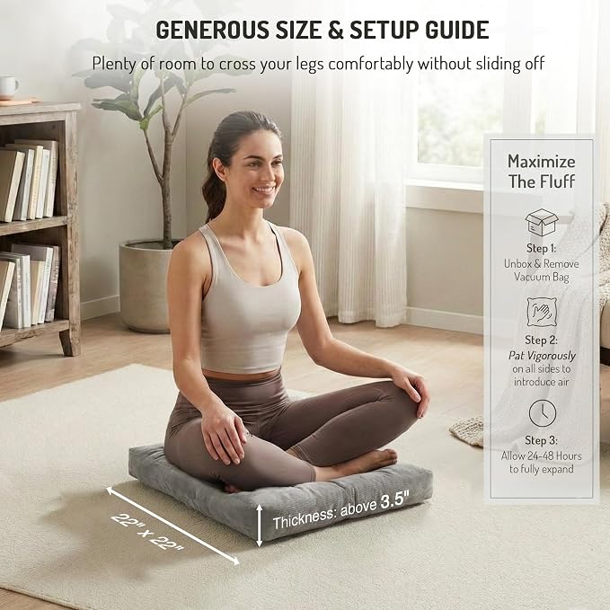 Degrees of Comfort Meditation Floor Pillow, Square Large Pillows Seating for Adults and Teens, Gray Tufted Corduroy Cushions for Yoga, Study Room, Home Office and Living Room, Grey, 22x22 Inch