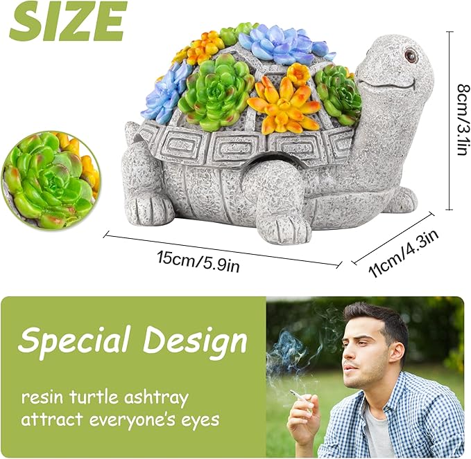 LESES Ashtray, Outdoor Ashtray with Lid Smokeless Waterproof Ash Tray with Cute Turtle Decor, Resin Ashtrays for Cigarettes Home Office, Porch Patio Decorations Indoor