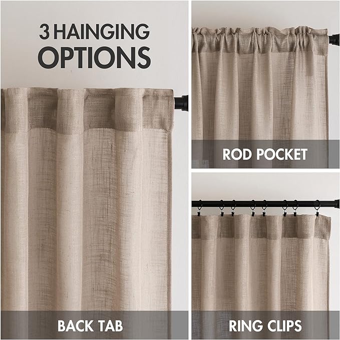 MIULEE Taupe Linen Curtains 108 Inches Long for Bedroom Living Room, Soft Thick Linen Textured Window Drapes Semi Sheer Light Filtering Rod Pocket Back Tab Burlap Look Farmhouse Decor, 2 Panels