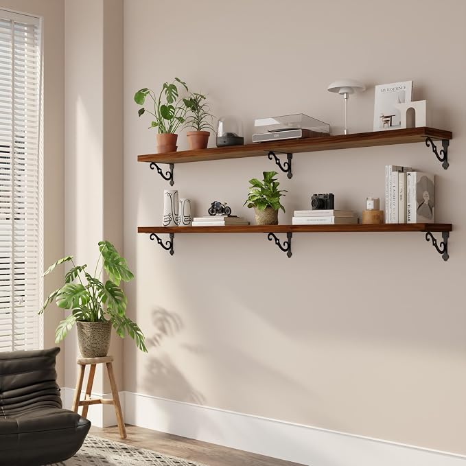 60 Inch 2 Tier Solid Wood Floating Shelves for Wall with Metal Brackets | 60 inch solid pine shelves, 2 tier, walnut finish, metal brackets for books, decor and home storage