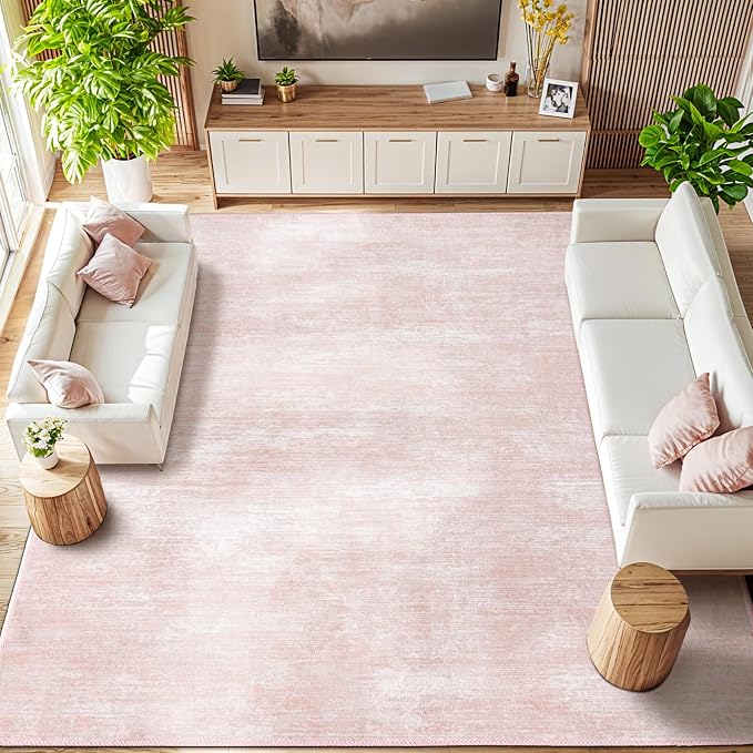 9x12 Washable Area Rug, Pink Solid Area Rugs for Living Room & Bedroom | Stain-resistant & Non-slip backing,Low Pile Washable Large Carpet, Solid Vintage Style For High Traffic Areas(9x12,Pink)