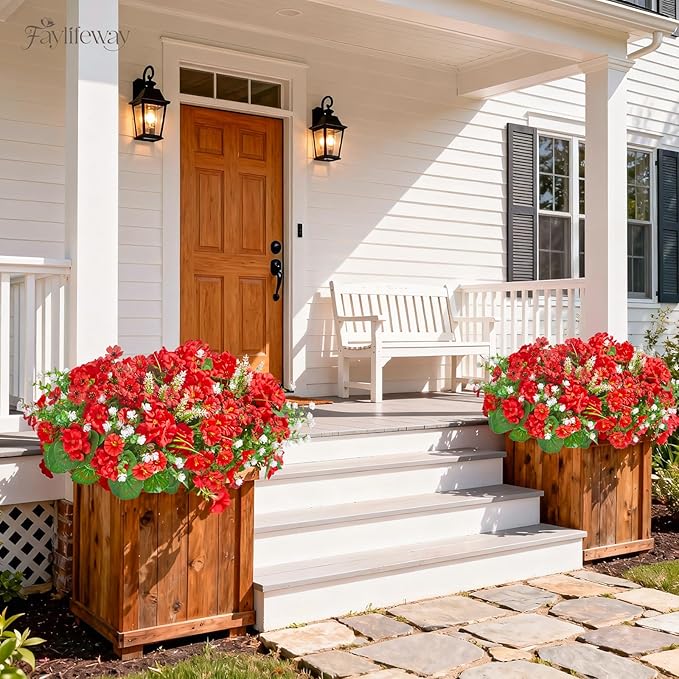 16 Bundles Artificial Flowers for Outdoors, UV Resistant Silk Faux Flowers for Outside Planters,Garden,Porch,Yard,Home Decor(Red)