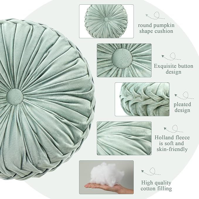 Drydiet 1 Pcs Round Throw Velvet Pillows Decorative Pleated Throw Pillows Diameter Accent Pumpkin Boho Chair Cushion for Couch Sofa Home Decoration (Sage Green,15'')