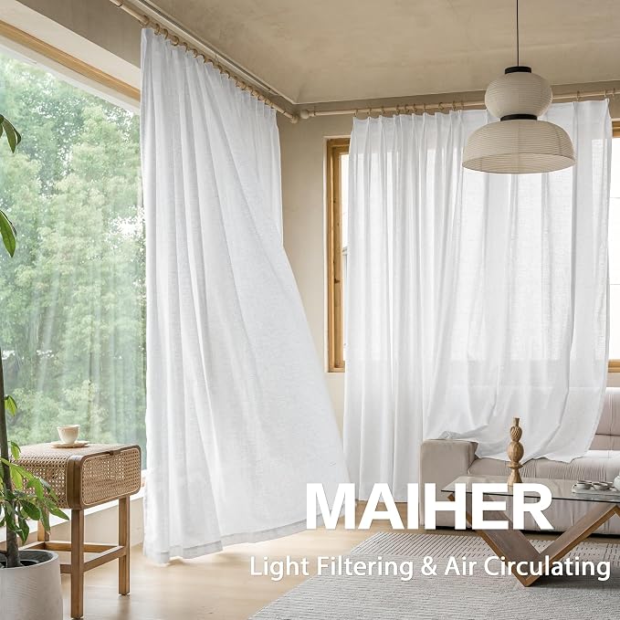 MAIHER 90 Inches Long White Pinch Pleated Curtains for Silding Patio Door Semi Sheer Pleated Curtains Faux Linen with Hooks Pleated Drapes Light Filtering (1 Panel, 54" W x 90" L)