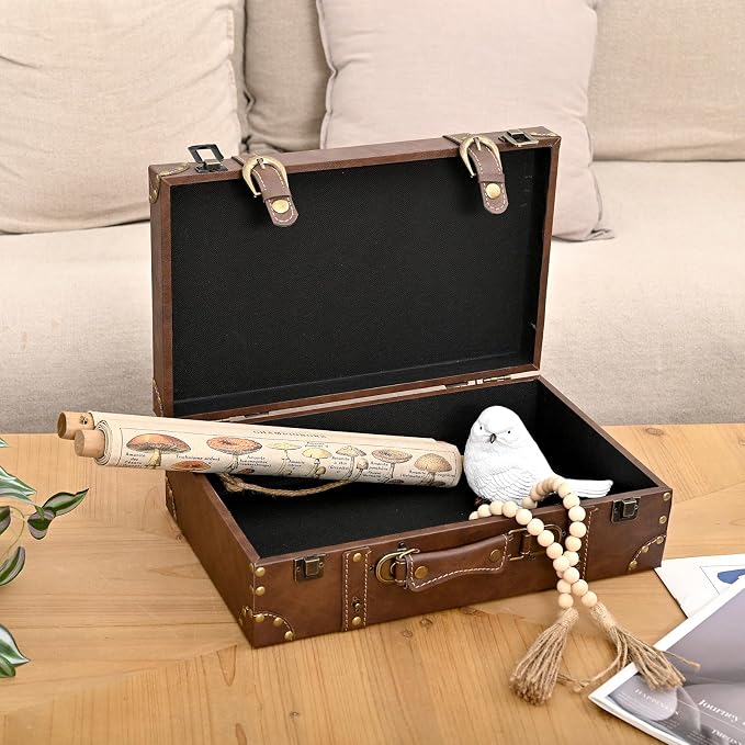 DECOR4SEASON Vintage Leather & Wood Storage Box – Compact Decorative Suitcase Chest with Classic Design, Perfect for Keepsakes, Travel, and Home Organization