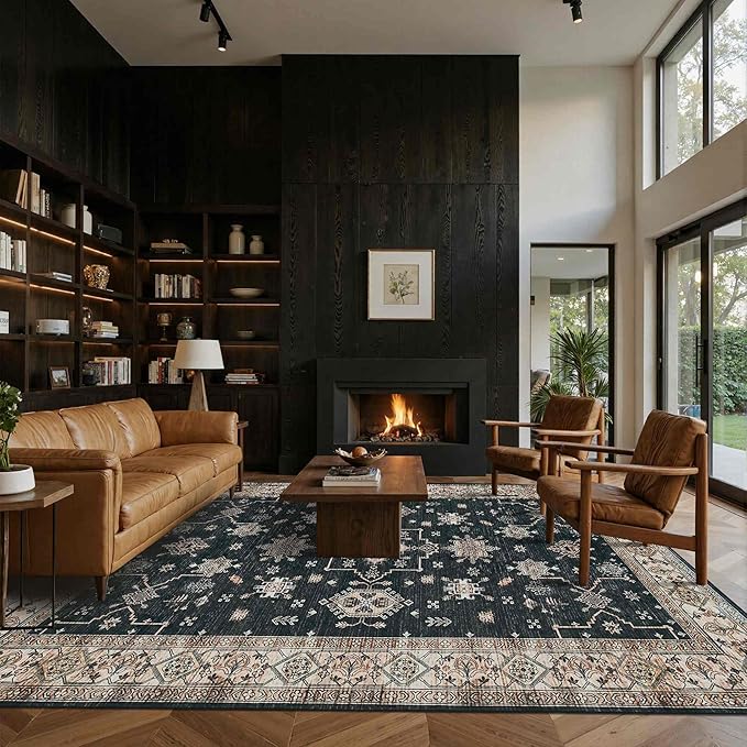 Rugxara 8x10 Area Rugs for Living Room, Large Washable Rug, Black Vintage Boho Rug, Non Slip & Low Pile Faux Wool Carpet for Indoor Dining Room, Bedroom and Farmhouse(Black 8x10ft)