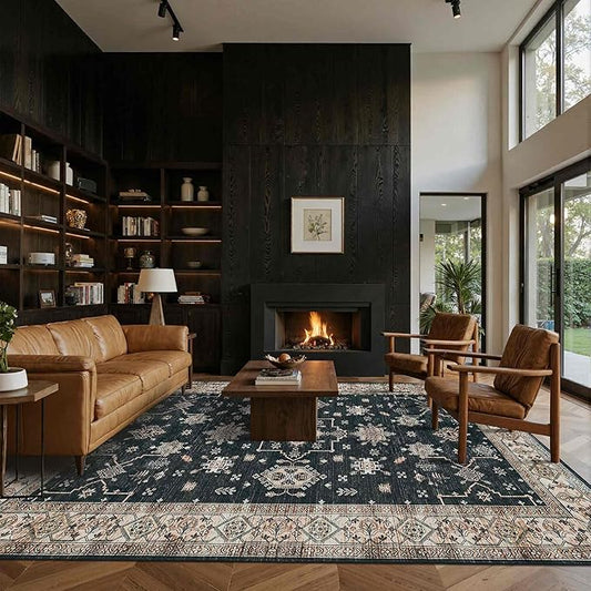 Rugxara 8x10 Area Rugs for Living Room, Large Washable Rug, Black Vintage Boho Rug, Non Slip & Low Pile Faux Wool Carpet for Indoor Dining Room, Bedroom and Farmhouse(Black 8x10ft)
