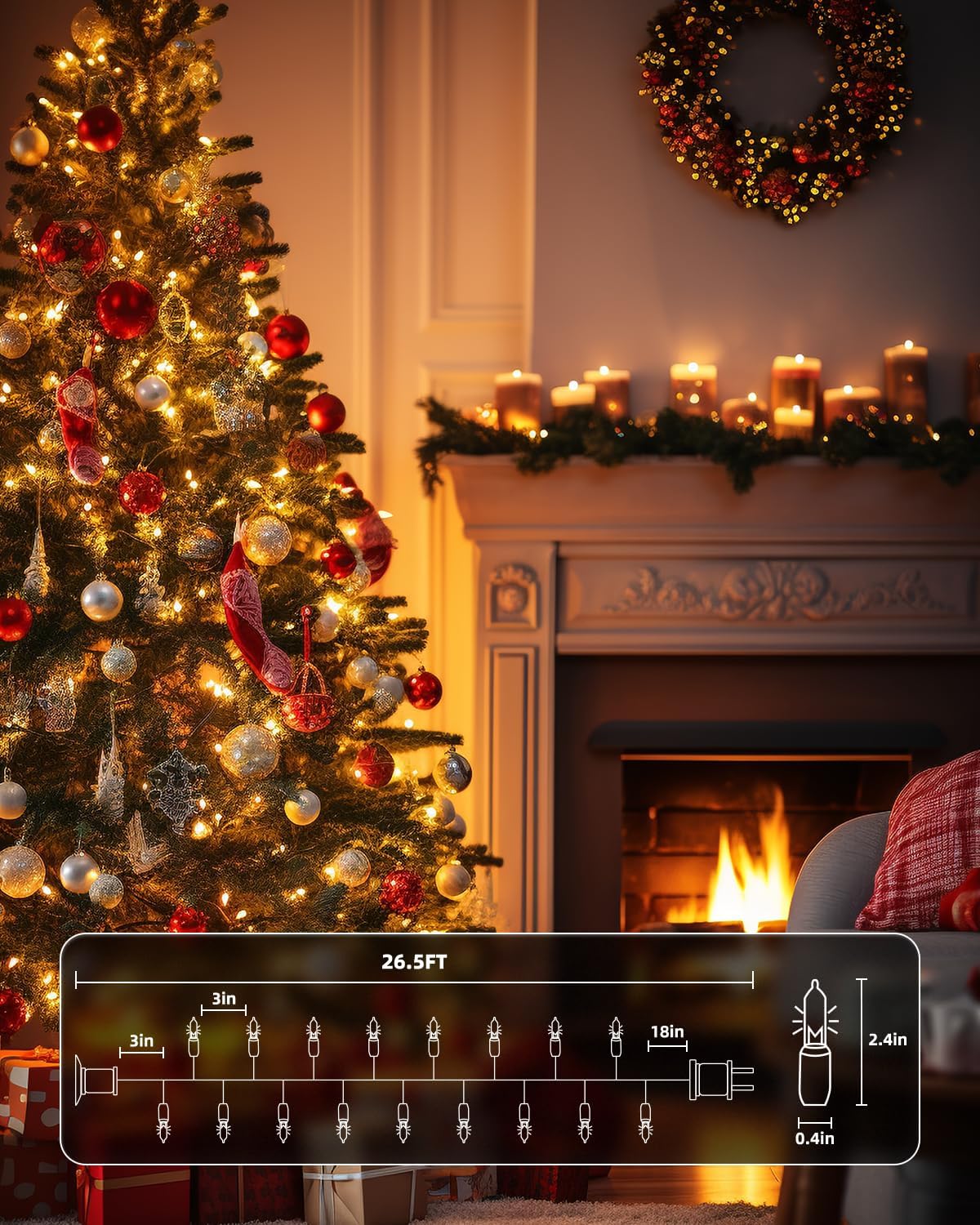 Brightown Christmas String Lights, 100-Count 26.5ft Clear Incandescent Bulb Mini Lights for Indoor Holiday Decor, Christmas Tree Garland Wedding Party Multi-Use Decoration, White Wire