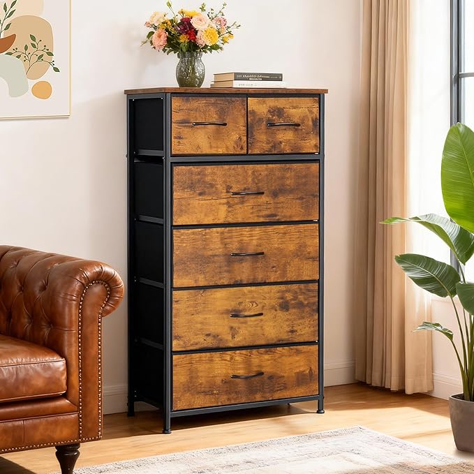 Mifuro Tall Dresser for Bedroom, Vertical Storage Organizer Tower with 6 Drawers, Chest of Drawers with Fabric Bins, Steel Frame, Wood Top for Bedroom, Closet, Entryway- Rustic Brown
