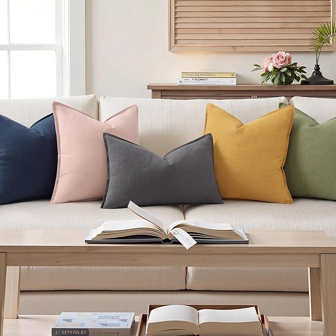 decorUhome Summer Decorative Linen Throw Pillow Covers 12x20 Inch Set of 2 Dark Grey Lumbar Pillow Covers with Flange Edges Soft Farmhouse Boho Accent Pillow Cases for Couch Bed Living Room