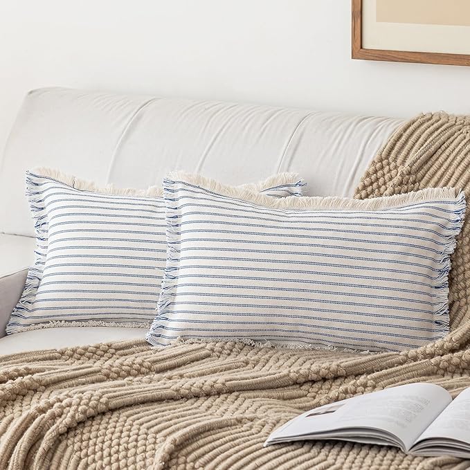 YEENAASY Throw Pillow Covers 12x20 Set of 2 Striped Fringe Pillow Cover Farmhouse Cushion Covers with Tassel Neutral Boho Pillows Decorative Square Pillowcase for Couch Sofa Bed, Blue