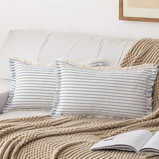 YEENAASY Throw Pillow Covers 12x20 Set of 2 Striped Fringe Pillow Cover Farmhouse Cushion Covers with Tassel Neutral Boho Pillows Decorative Square Pillowcase for Couch Sofa Bed, Blue