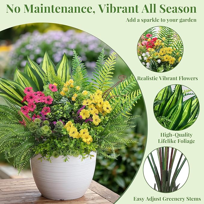 Alupssuc 24 Pcs Artificial Flowers and Plants,UV Resistant & No Fade Fake Plastic Greenery Shrubs for Home Garden, Pathway, Front Porch-Spring Summer Decor, Indoor/Outdoor Use,Rosy Purple Yellow Pink