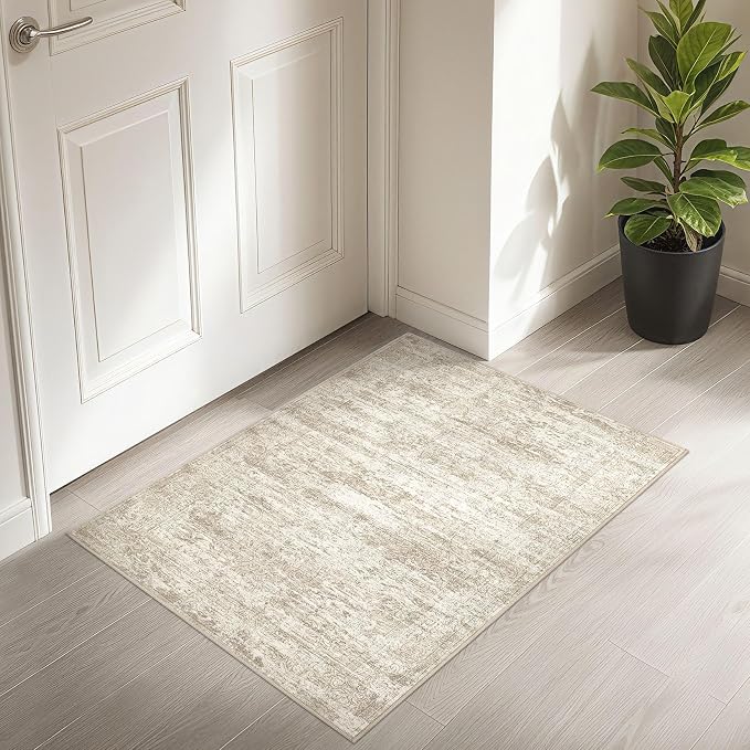 DMOYEST 2x3 Entryway Area Rug: Washable Neutral Modern Abstract Small Rug - Non-Slip Low Pile Throw Indoor Carpet for Entrance Kitchen Front Door Mat Bathroom Entry Kids Room - Vintage Beige