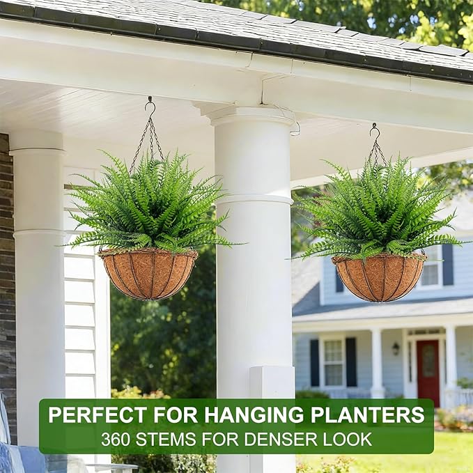 TURNMEON 20 Bundles Artificial Plants Outdoor Faux Boston Fern 17 Inch Long Length Summer Decor, Fake Plants UV Resistant No Fade Plastic Greenery Shrubs Flowers for Garden Porch Indoor Cemetery Decor