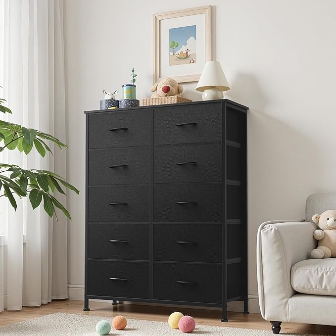 Sweetcrispy Black Dresser for Bedroom, 10 Drawer Tall Dresser, Fabric Storage Tower with Bins, Chest Organizer Unit for Bedroom Closet, Hallway, Steel Frame Wood Top, Easy Pull Handle