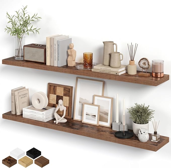 Fun Memories 72 Inch Floating Shelves for Wall 8 Inch Deep Rustic Brown Shelves Set of 2, Wall Mounted Rustic Wood Long Floating Shelf, Large Display & Storage Shelf with Invisible Brackets
