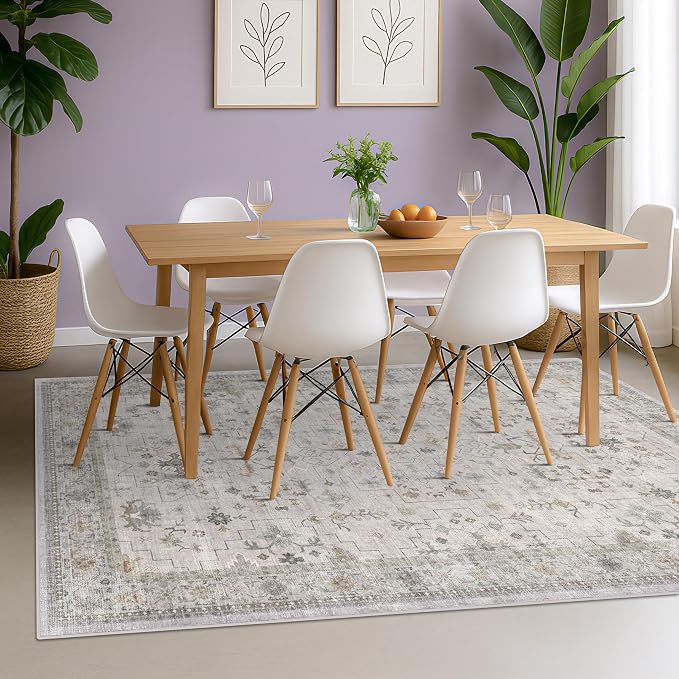 Washable Light Gray & Sage Living Room Rug 6x9 - Boho Geometric Area Rugs for Dining Under Table, Neutral Floral Bedroom Carpet, Modern Vintage Low Pile Stain Resistant