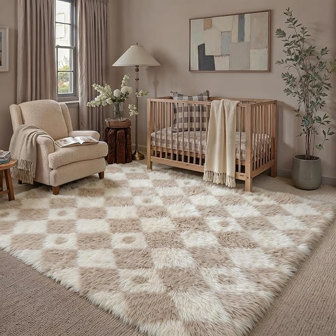 PureCozy Checkered Rug 5x8 Fluffy Shag Living Room Beige Area Rug Modern Washable Carpet Soft Shaggy Non Slip Indoor Plush Fuzzy Rugs for Bedroom Dorm Office Home Aesthetic Decor