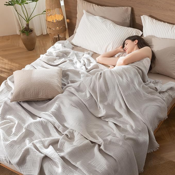 MooMee Muslin Blanket - 100% Cotton 4-Layer Gauze Throw Blanket with All-Around Fringe, Soft Breathable Lightweight Cooling Summer Blankets for Bed Couch (Light Grey,Queen 90" x 90")