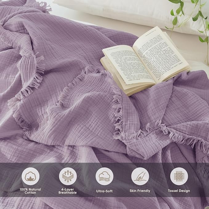 MooMee Muslin Blanket - 100% Cotton 4-Layer Gauze Throw Blanket with All-Around Fringe, Soft Breathable Lightweight Cooling Summer Blankets for Bed Couch(Light Purple,Oversize Queen 98" x 98")